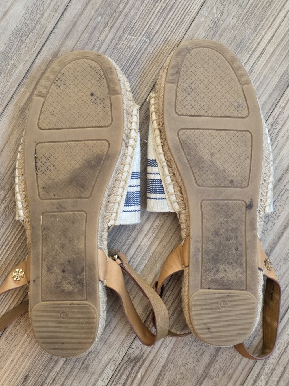 Tory Burch Blue-Striped Canvas Espadrille Sandals with Tan Leather Straps - Picture 4 of 6